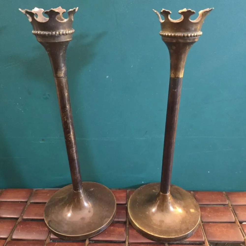 Bronze Crown Candle Holder Pair Vintage Bombay Company 10